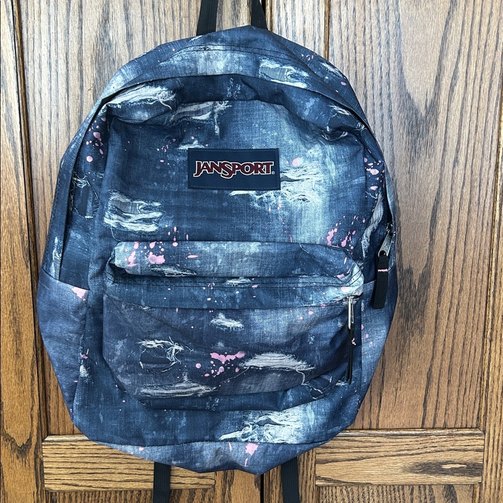 Jansport Student Backpack‎ Distressed Ripped Denim Graphic